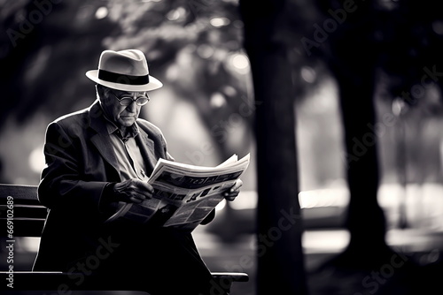 Senior citizen in white hat sitting on park bench and reading newspaper, black and white image