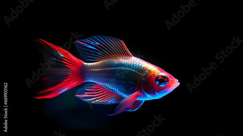 neon tetra lampfish with a shining blue-red stripe on black background