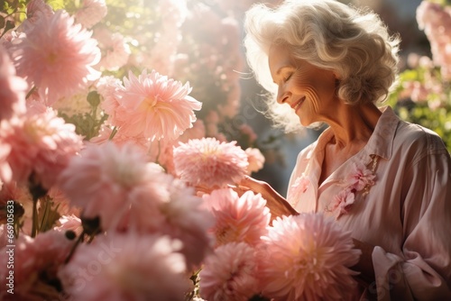 Elegant senior woman enjoying the fragrance of blooming flowers.