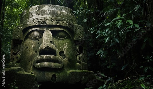 Colossal Olmec Head stone statue. Ancient stone monument in the lush deep jungle forest. 