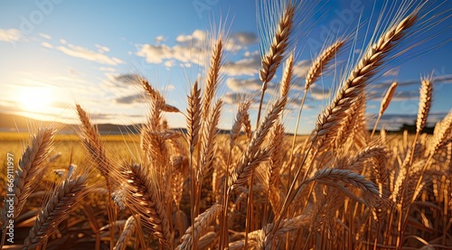 Closeup of an ear of wheat at the golden hour at dawn or dusk in a field cultivated