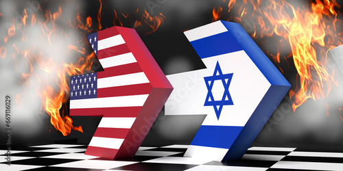 American and Israeli national flags in arrow form on chessboard symbol and fire flames background. Horizontal illustration in 3D render with copy space. USA interferes in Palestine-Israel war.