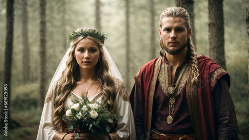 Vikings, bride and groom, in traditional outfits, stand in the forest.