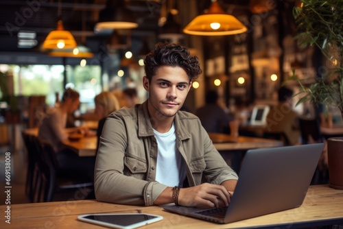 A student takes a moment to look at the camera while busy with college assignments generative ai