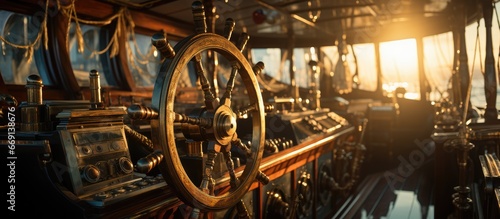 Close-up view of the inside of a large ship. Steering wheel and control panel