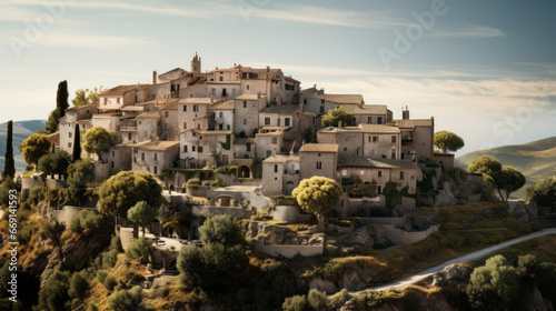 A picturesque village sits atop a hill, its whitewashed homes and cobbled streets creating a beautiful vista