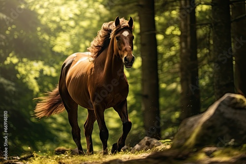  a brown horse running through a forest filled with lots of green grass and trees, with sunlight shining through the trees on the far side of the horse's head. generative ai