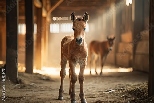  a foal standing in a barn with another foal standing in the background on the other side of the barn, with sunlight streaming through the windows. generative ai