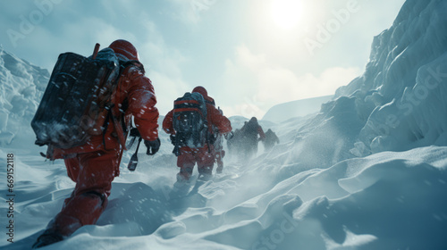 Mountain climbing team hikes up a snowy mountain path.