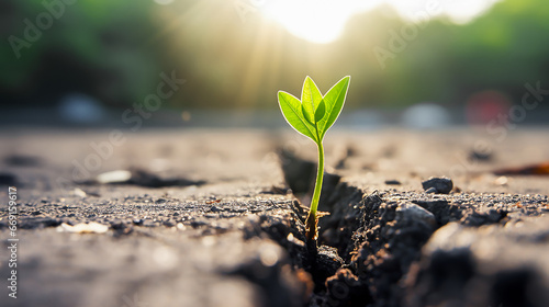 One young sprout breaks through the hard surface of the asphalt, symbolizing strength and determination. Life persistently breaks out through the asphalt, making its way to light and opportunities