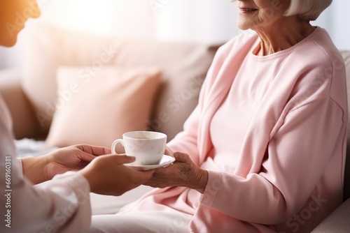 Young woman serving a senior woman a cup of coffee in a retirement home, closeup on hands