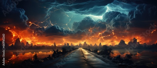 Highway. bad, dangerous weather, thunderstorm, lightning strike, lightning