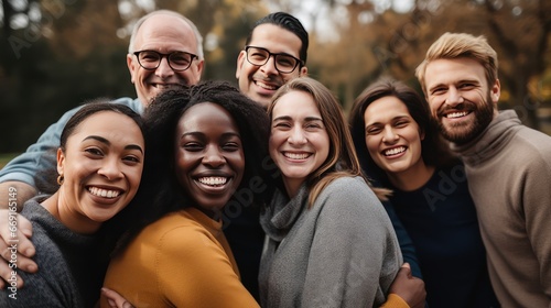 Diverse assembly consisting of people of all ages races and backgrounds comes for group pose hugging. People of various nationalities join in collective hug showing unity and smiling