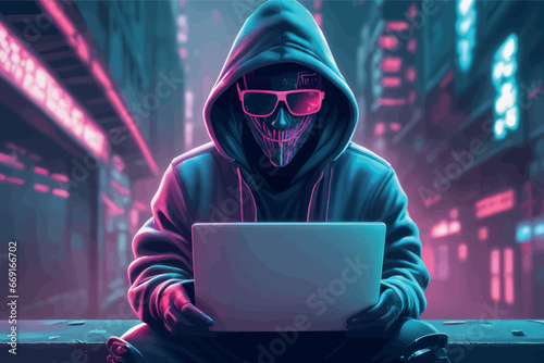 hacker with laptop and computer in neon lights hacker with laptop and computer in neon light cyber security concept. hacker with laptop and glasses in dark office
