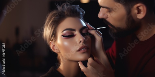 A woman is having her makeup done by a man. This image can be used to showcase professional makeup services or to depict a makeup artist at work