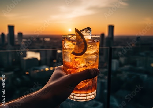 A cinematic shot of an Americano cocktail being served on a rooftop bar at sunset, capturing the gol