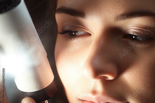 Dermatologist examining skin under magnifying equipment.