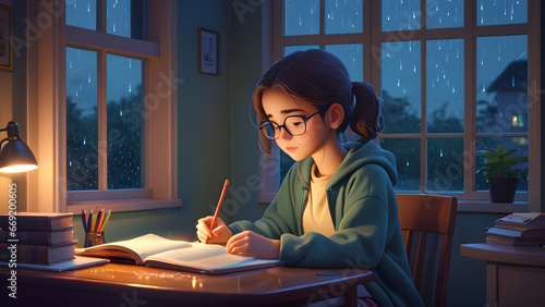 menina escreve à mesa em pôster de filme de chuva, no estilo de ilustrações oníricas, traçado vray, iluminação realista, ilustrações de livros infantis, núcleo quente