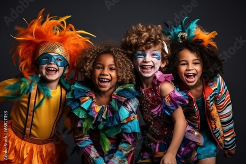 A group of children parading in their carnival costumes, love and creativity with copy space