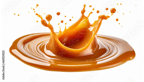 caramel sauce splash isolated on white background with clipping path