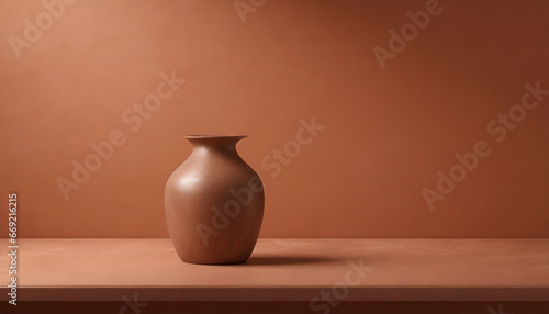 minimalist terracotta background monochrome empty table with cooper vase wall scene mockup product for showcase promotion background