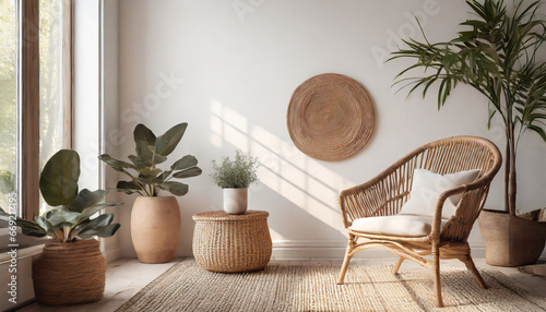 empty white wall mockup in boho room interior with wicker armchair beige pot with plants and coffee table natural daylight from a window promotion background generative ai