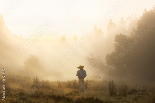 Woman in nature in meadow sunset with mist golden light, back with straw hat, subject in the foreground not in focus
