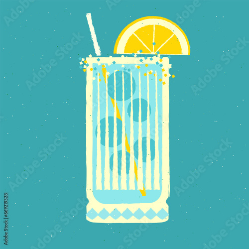 Mocktail with lemon. Cool drink with gin tonic and ice balls. Vector illustration with texture and noise in retro style. Elegant glass beverage with straw. Alcohol cocktail tropical. Glass design