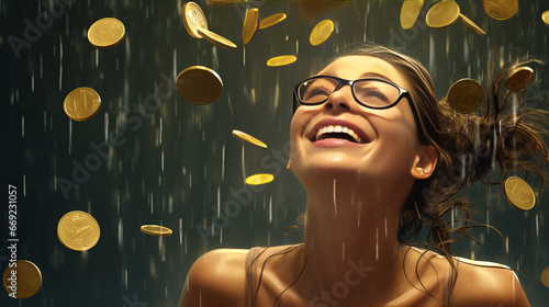 portrait of a woman with raining gold coins