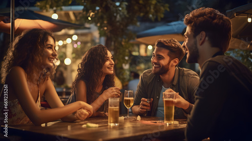 Cheerful friends holding beer glasses at a pub. Young Group of people enjoying at a bar table in the evening