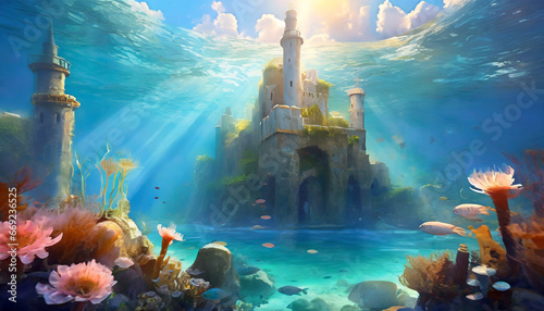 fantasy underwater seascape with lost city generative ai