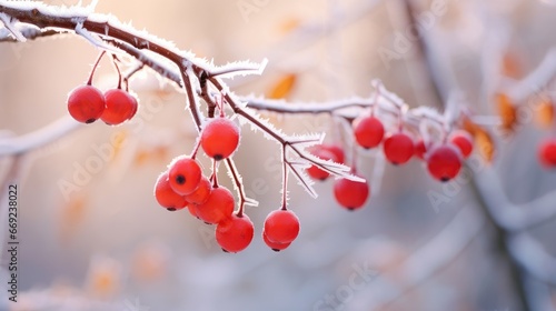 Winter snow day and frozen tree branch with berry wallpaper background