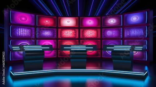 Neon-Lit TV Game Show Studio with Futuristic Design