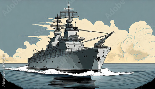 illustration of a battleship sailing on the high seas generative ai