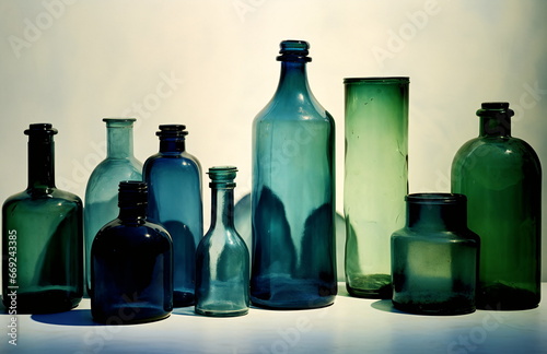 Old-fashioned glass bottles in various hues and forms