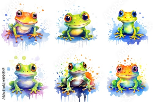 A set of six different colored frogs, watercolor clipart on white background.