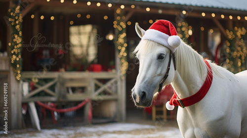 Cute horse animal outdoor during winter christmas season