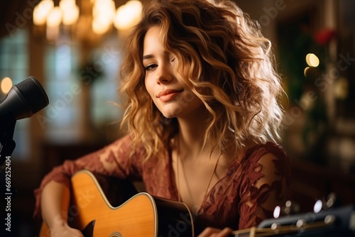 A beautiful woman sings a song, and plays an acoustic guitar.