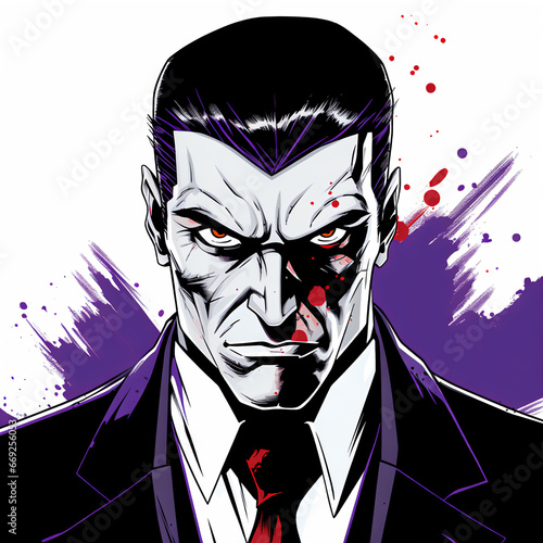 Editorial Comic Portrait Style Illustration of a Villain with Ink Outlines and Flat Colors