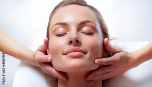 portrait of a relaxed woman with her eyes closed, in a beauty salon, front view, a masseuse massaging her face.