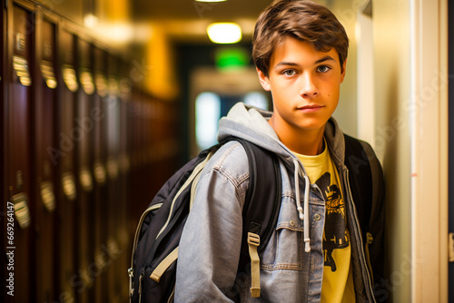 Jeune garçon, collégien, adolescent avec un sac a dos dans son établissement scolaire
