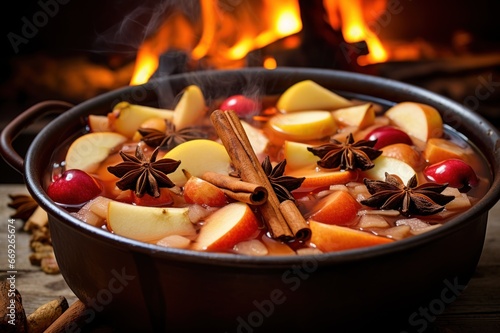 Preparing compote from fruit. Ripe apples, pears, cinnamon sticks, star anise simmering in pot, creating fragrant sweet fruit drink. Homemade healthy drink with vitamins. Food blog.