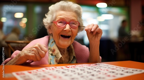 Happy old lady playing bingo