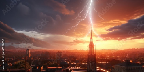 A stunning image of a city with a towering clock and a dramatic lightning bolt in the sky. Perfect for adding a sense of mystery and excitement to any project.