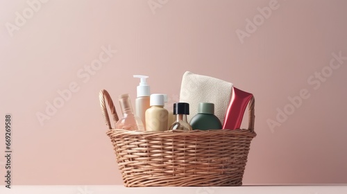 A basket of beauty products. Web banner with copy space