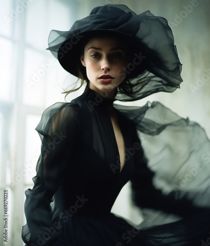 Portrait of beautiful young woman in vintage black dress and hat with veil