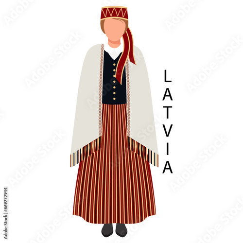 Woman in Latvian folk costume. Culture and traditions of Latvia. Illustration, vector