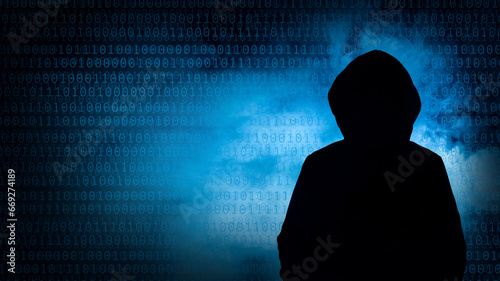 Silhouette of a cybercriminal against a backdrop of swirling blue smoke and numbers, cybercriminal concept