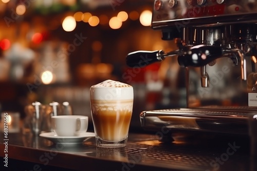 A glass of coffee with milk in the foreground on a bar counter, coffee machine in the background.