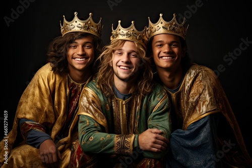Portrait of three young adult men on three wise men costume. Reyes magos. Studio shot. Generative AI.